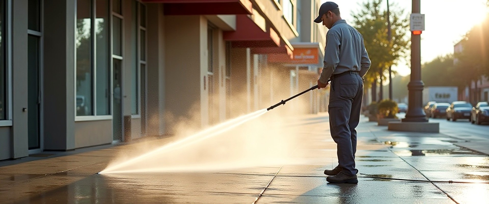 Pressure washing a storefront sidewalk